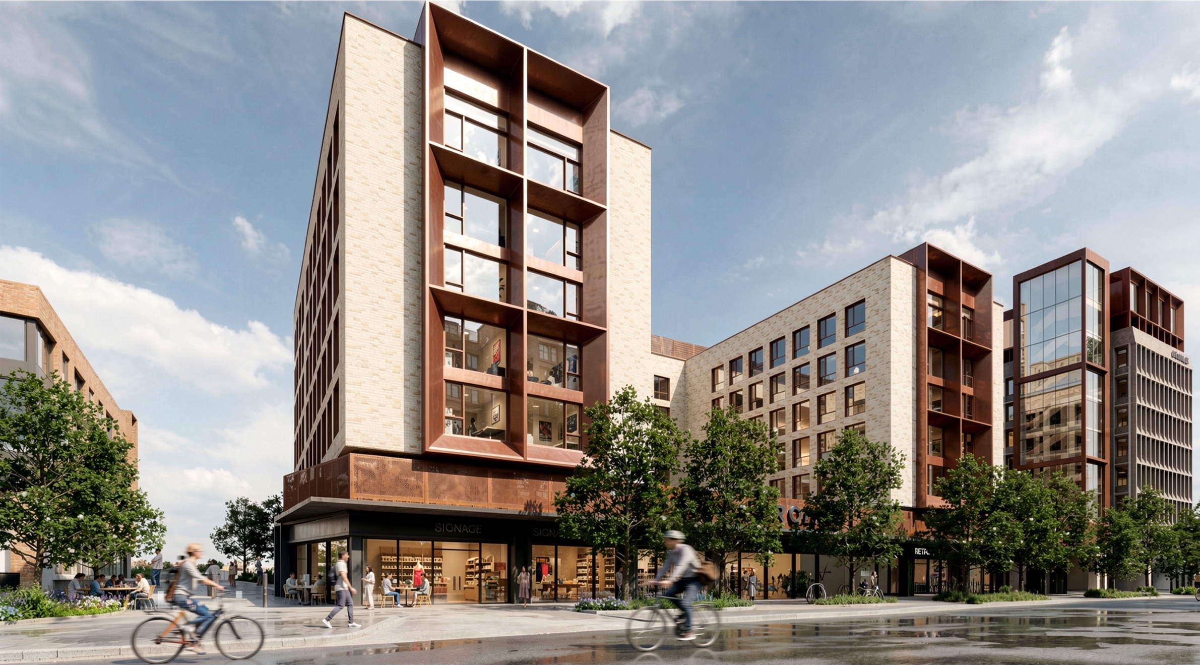 Block C food hall corner in red brick with copper cladding